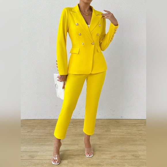 Women's Solid Color Double Breasted Long Sleeve Suit Jacket And Pants - Picture 2 of 4